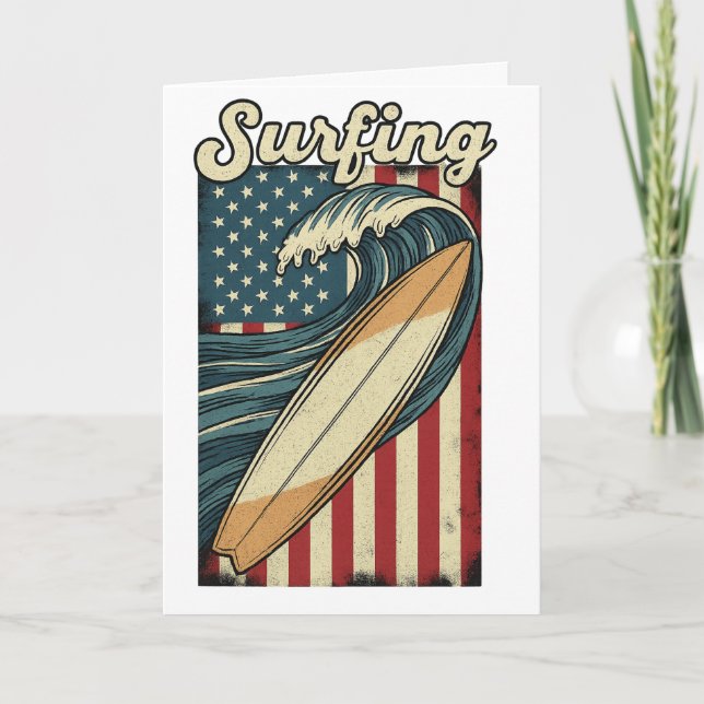 Cartão Bandeira dos EUA de Surfe Retrô (Frente)