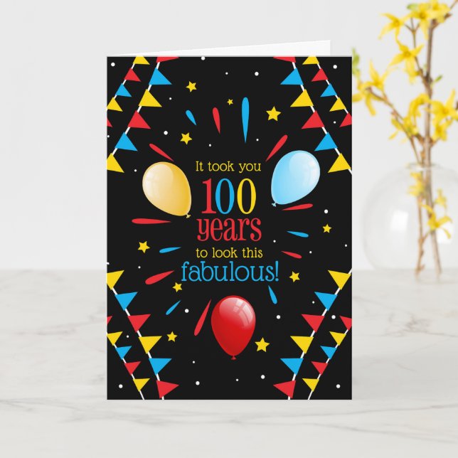 Cartão Bandeiras e Balões de Aniversário de 100 anos Olha (Flor Amarela)