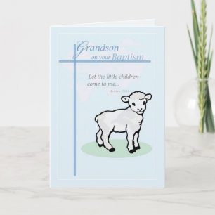 Cartão Baptism Blue Grandson Lamb