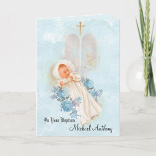 Cartão Baptismal Baby Boy Christening Cross Dove