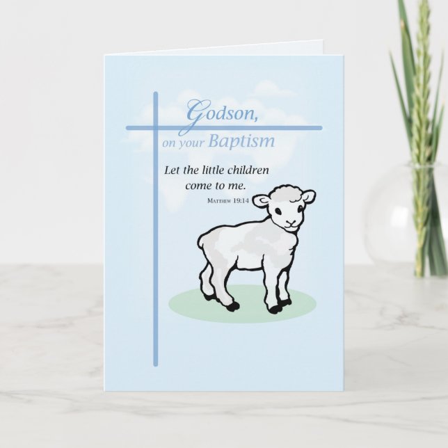 Cartão Baptismo do Afilhado Cordeiro em Azul (Frente)