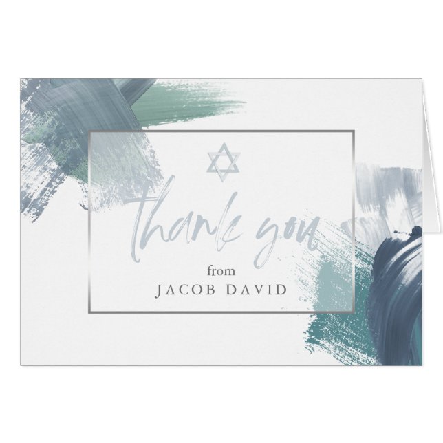 Cartão Bar Mitzvah Obrigado Pincéis Verdes Azuis Secos (Frente Horizontal)