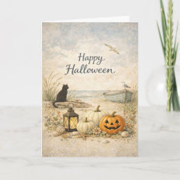 Cartão Barco a Remo Gato Preto Costeiro de Halloween