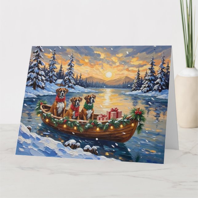 Cartão Barco de Natal do Boxer Feriado (Frente)