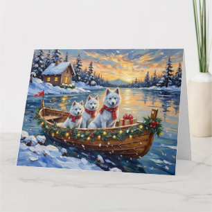 Cartão Barco de Natal do Samoyed Branco Férias