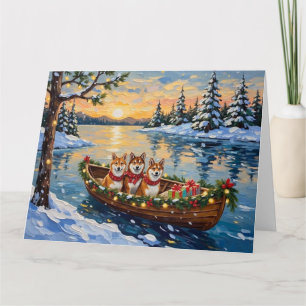 Cartão Barco de Natal do Shiba Inu Férias