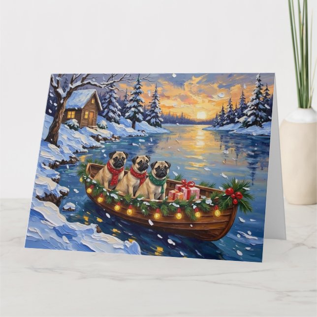 Cartão Barco de Natal Pug Férias (Frente)