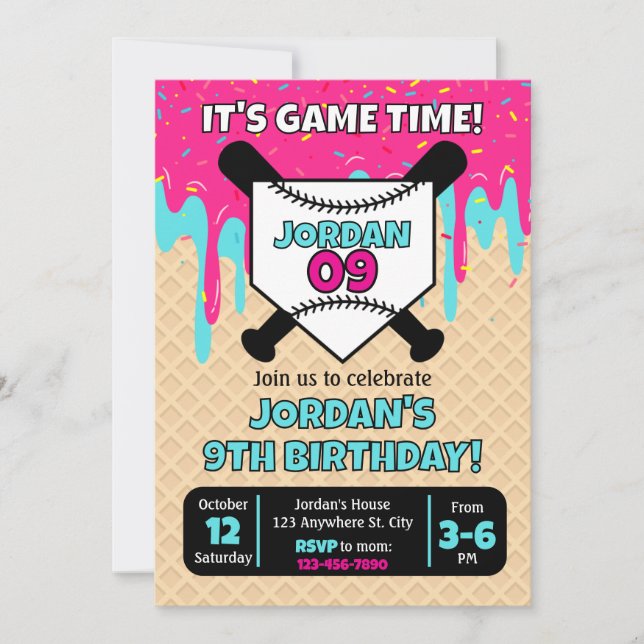 Cartão Baseball Ice Cream Drip Birthday Invitation (Frente)