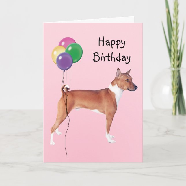 Cartão Basenji, balões do aniversário (Frente)