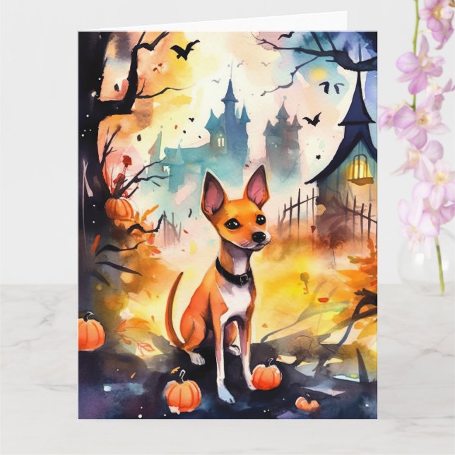 Cartão Basenji de Halloween com Abóboras Assustador  (Orquídea)