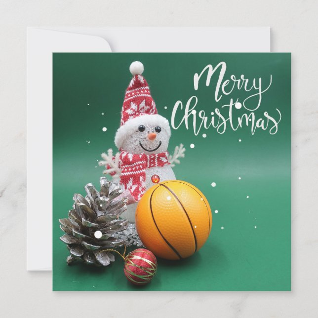 Cartão Basquete Feliz Natal com Snowman Verde (Frente)
