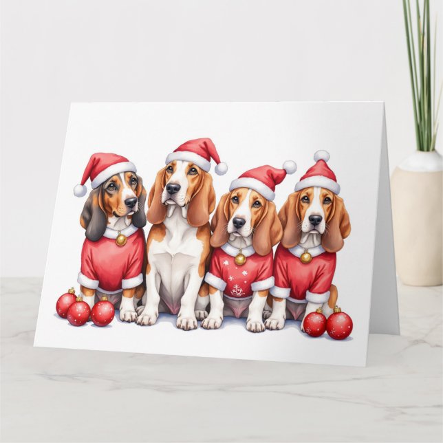 Cartão Basset Hound Christmas Dress Santa Hat (Frente)