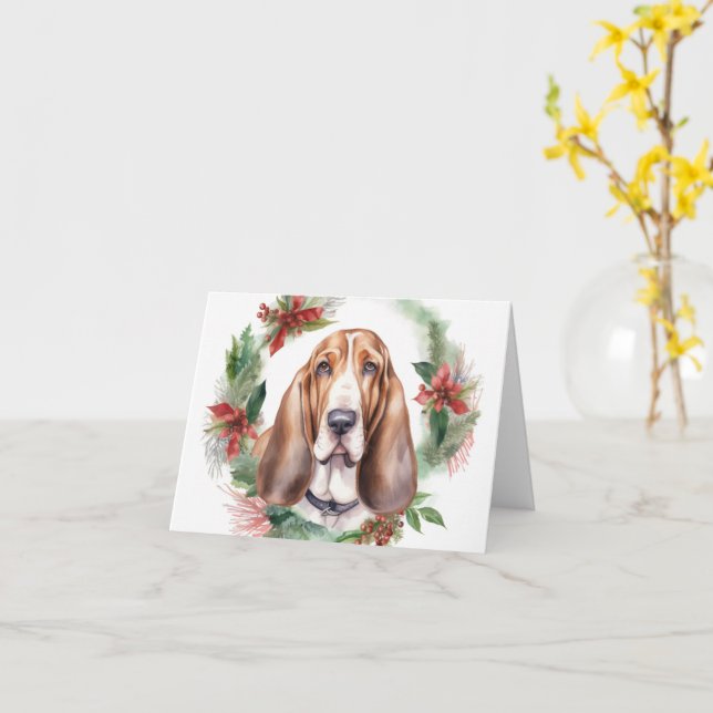 Cartão Basset Hound Christmas Wreath Festivo Pup (Flor Amarela)