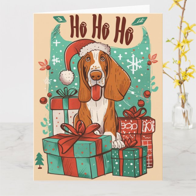 Cartão Basset Hound com caixa de presente no Natal (Flor Amarela)