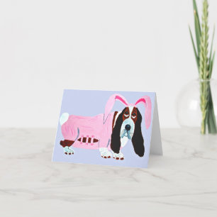 Cartão Basset Hound de Terno Rosa de Coelho