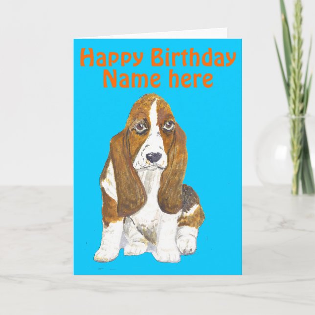 Cartão Basset Hound Happy Birthday, adicione nome frente (Frente)