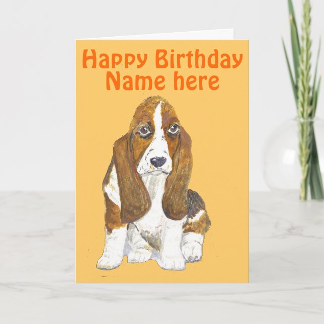 Cartão Basset Hound Happy Birthday, adicione nome frente (Frente)