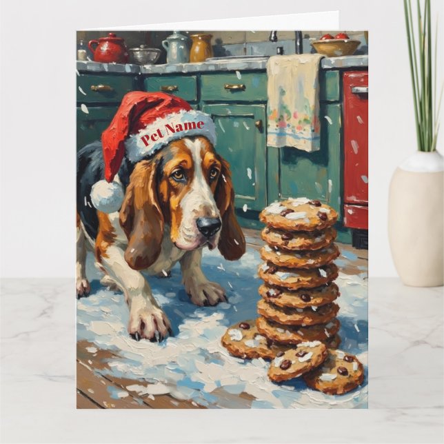 Cartão Basset Hound Sniffing Christmas Cookie Trail Hat (Frente)