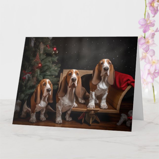 Cartão Basset Hound Snowy Sleigh Decência de Natal (Orquídea)