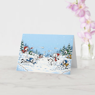 Cartão Batalha de Bolas de Neve com Bonecos de Pau e Fort