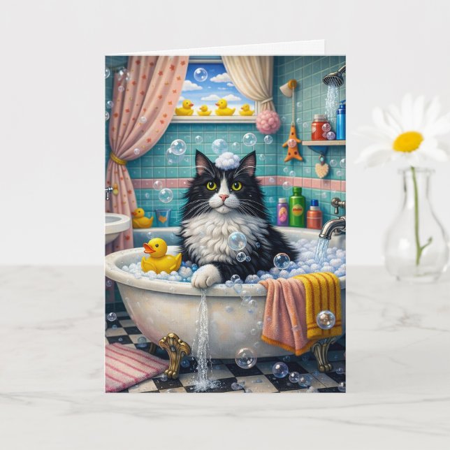Cartão Bath Time , Cat Greeting Card (Planta pequena)