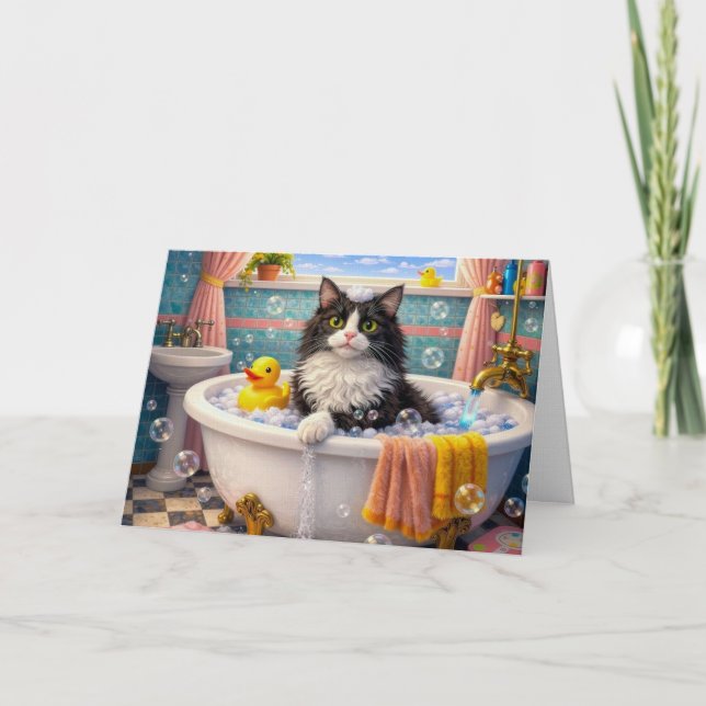 Cartão Bath Time , Cat Greeting Card (Frente)