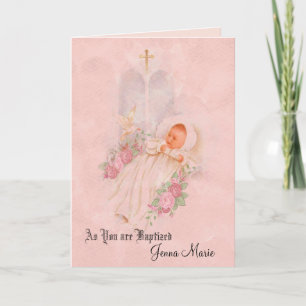 Cartão Batismal Baby Girl Christening Rosas Cross