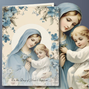 Cartão Batismo Para Bebê Maria Azul Floral Abençoada