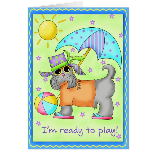 Cartão Beach Dog Whimsy Art Green Blue (Frente)