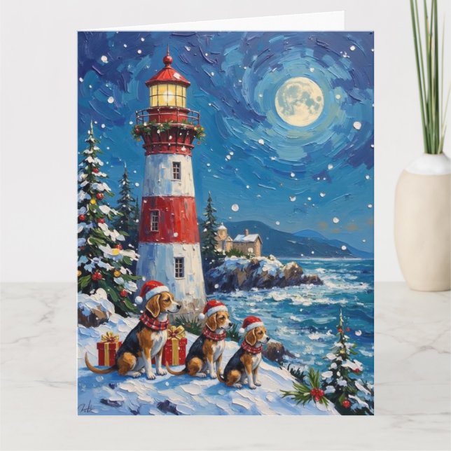 Cartão Beagle Christmas Lighthouse Holiday (Frente)