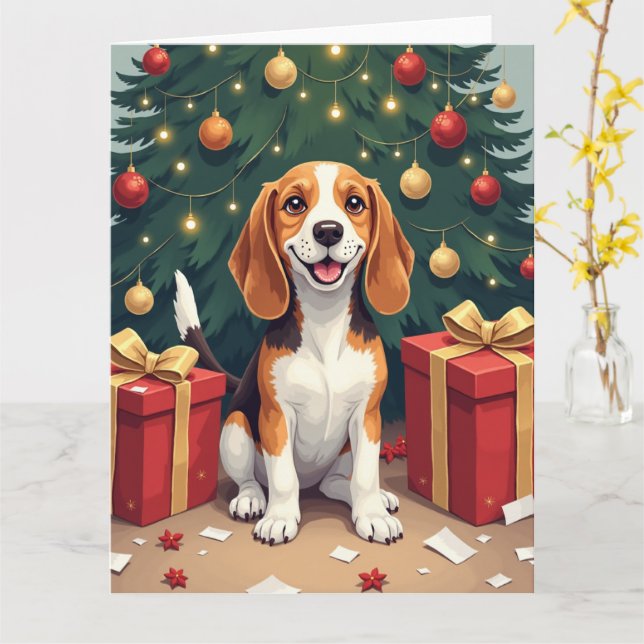 Cartão Beagle Christmas Morning Gift-Unboxing Painting (Flor Amarela)