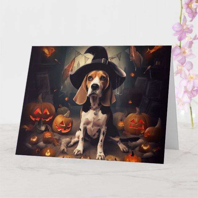 Cartão Beagle Pumpkins Halloween Assustado (Orquídea)