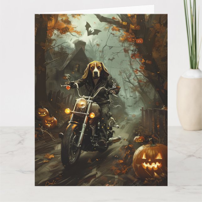 Cartão Beagle Riding Motorcycle Halloween Scary (Frente)