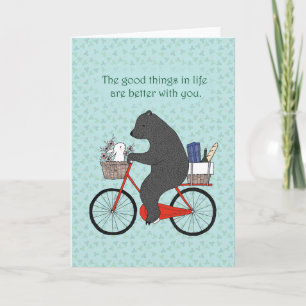 Cartão Bear & Bunny na Bicicleta indo ao amor fofo piquen