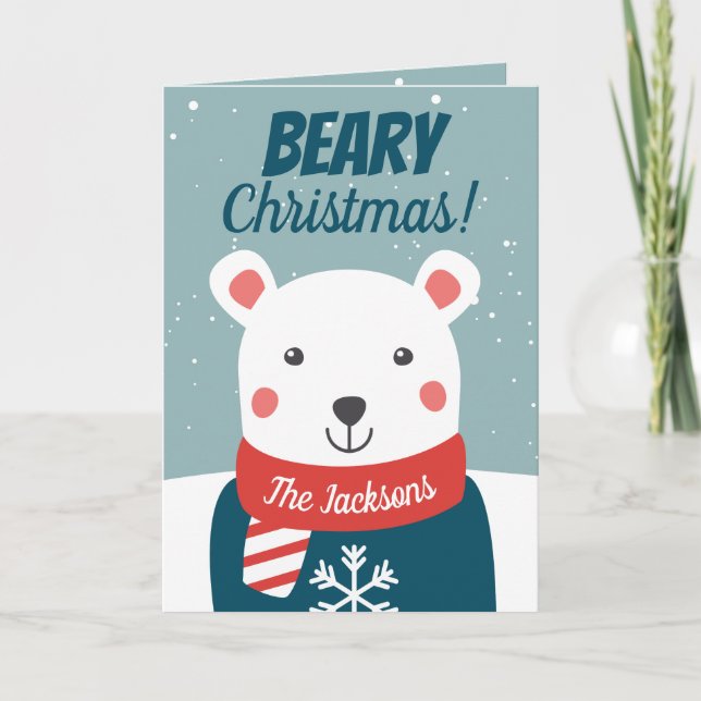Cartão Beary Christmas com cartoon polar (Frente)