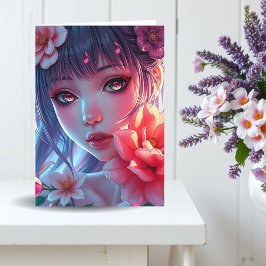 Cartão Beautiful Anime Girl Thinking of You