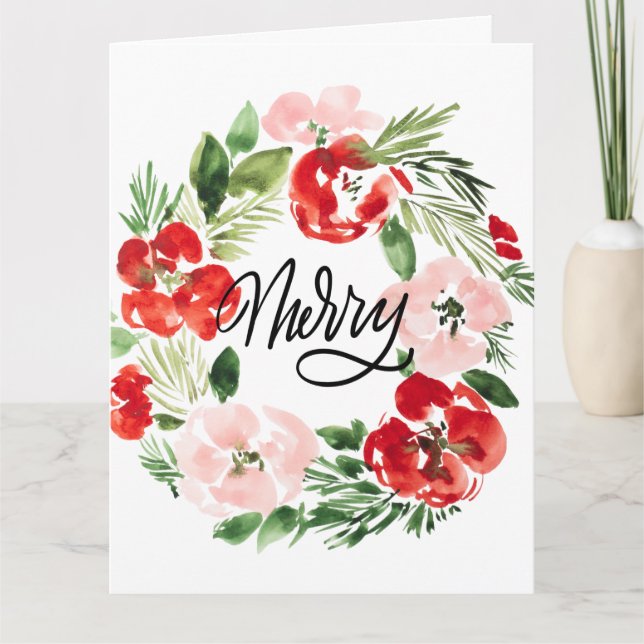 Cartão Beautiful Watercolor Christmas wreath Merry (Frente)