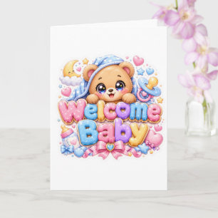 Cartão Bebê Bem-vindo Urso Teddy Kawaii Fofo Rosa Pastel