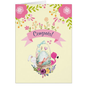 Cartão Bebê Congrats - flores, um ovo, flamingo & coelho
