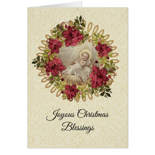 Cartão Bebê Jesus em Manger Christmas Floral Wreath (Frente)