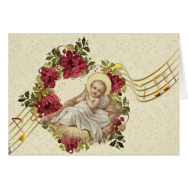 Cartão Bebê Jesus em Manger natal Notas de Música Floral (Frente Horizontal)