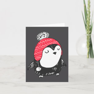 Cartão Bebê Pinguim Fofo de Natal Usando Chapéu de Invern