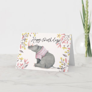 Cartão Bebê Rinoceronte e Birdies Watercolor Aniversário