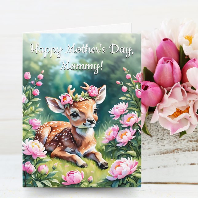 Cartão Bebê Veado Com Coroa De Peônias Dia Das Mães (A sweet Mommy, Mother's Day card for children who love baby deer!)