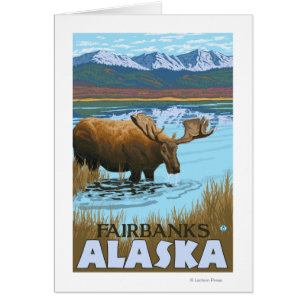 Cartão Bebendo de alce no lago - Fairbanks, Alaska
