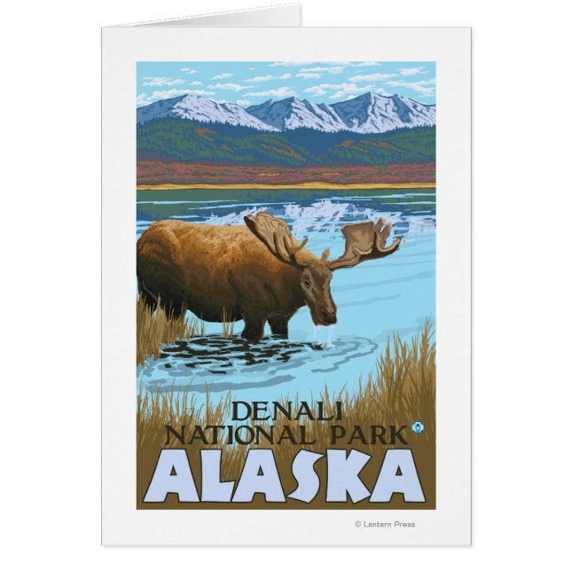 Cartão Bebendo de alce no lago - Parque Nacional de Denal (Frente)