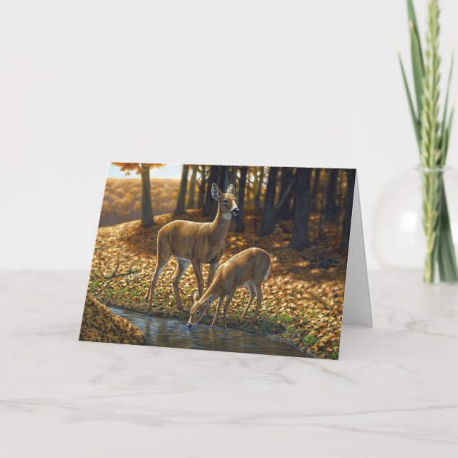 Cartão Bebendo Whitetail Doe e Fawn de um Stream (Frente)