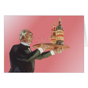 Cartão Bebidas Vintage, Mordomo Servindo Vinho na Bandeja