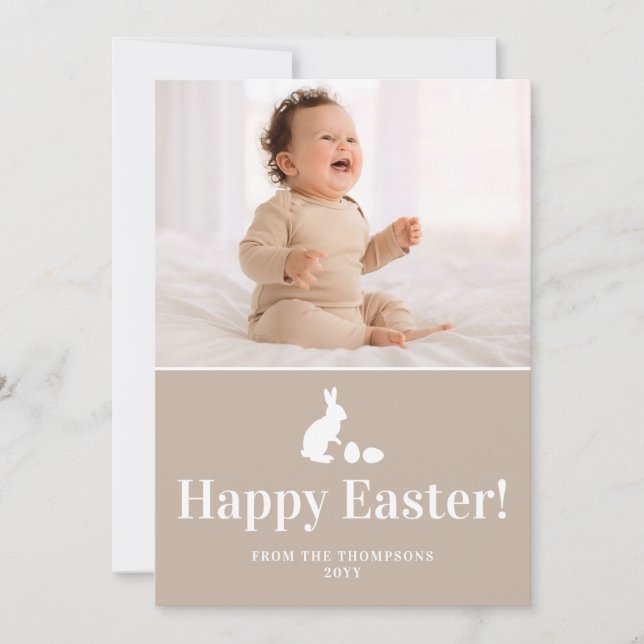 Cartão Beige And White Bunny With Custom Photo Easter (Frente)