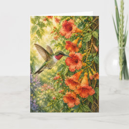 Cartão Beija-flor Trombeta Vinha Aquarela Branco